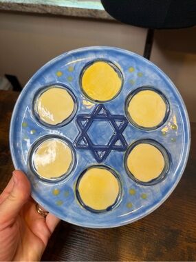 Handmade Blue and Yellow Ceramic Seder Plate with Star of David
